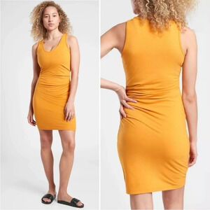 Athleta Women's Dress XXS Della Mustard Yellow Ruched Tank Athleisure Summer